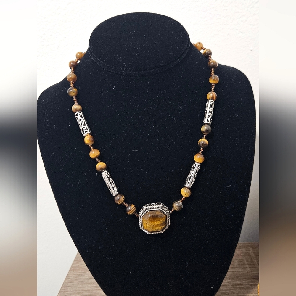 Vintage Necklace Autumn Tone Glass Octagon Cabochon Choker w/Tiger Eye & Silver